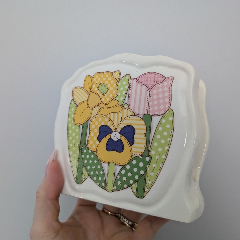 Vintage Enesco Ceramic Napkin Holder with Floral Accents